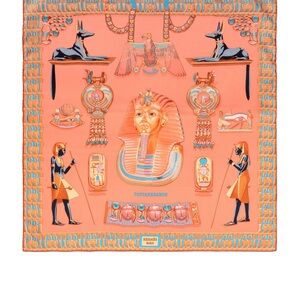 Hermès Orange Egyptian-Themed Silk Scarf